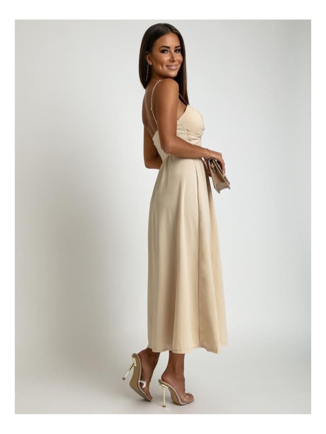 Beige summer midi dress with straps AZR010481